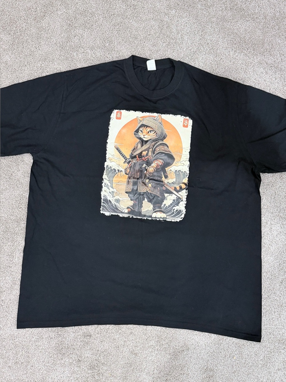 Black Graphic Samurai Cat Tee - Unbranded
